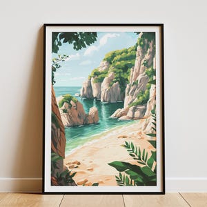 Póster con impresión de playa aislada, acantilados, naturaleza verde, océano, vacaciones de verano, paraíso costero, isla tropical, arte decorativo, decoración del hogar