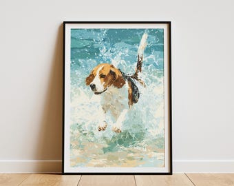Playful Beagle Dog Splashing in Shallow Ocean Waves Beach Wall Art Print Pet Lover Gift Happy Puppy Coastal Decor