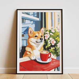 Shiba Inu Cafe Art Print Dog Drinking Coffee Poster Matisse Style Wall Art Cozy Coffee Shop Artwork Animal Illustration Shiba Inu Lover Gift