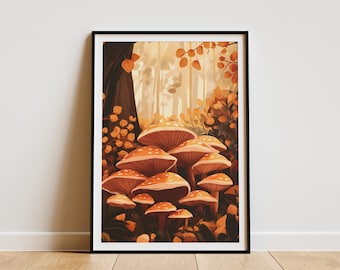 Höstsvampkluster Skogskonsttryck Skogssvampar Illustration Botanisk Höst Natur Väggdekor Modern Cottagecore Konstverk Presentidé
