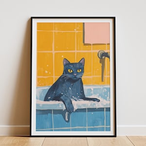 Póster de gato azul ruso en la bañera, arte de pared para baño, ilustración de animal lindo, decoración caprichosa para el hogar, impresión artística divertida de gato