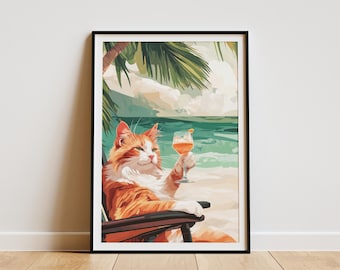 Orange Tabby Cat Beach Cocktail Summer Print Cute Pet Summer Poster Funny Cat Art Coastal Cat Lover Gift Summer Vacation Decor Orange Cat