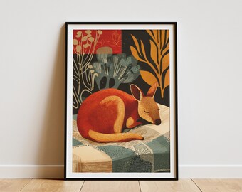 Wallaby Sleeping Art Print Matisse Style Gouache Painting Abstract Animal Wall Art Unique Marsupial Decor Modern Nursery Poster for Home or
