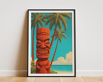 Stampa artistica vintage con statua Tiki, poster da viaggio sulla spiaggia hawaiana, decorazione per isola tropicale, arte murale retrò moderna di metà secolo, vacanze nel Pacifico meridionale
