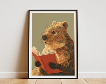 Adorable Quokka Reading Book Art Print Happy Australian Animal Wall Decor Cute Marsupial Illustration Unique Nursery Gift Nature Lover