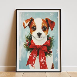 Cute Dog with Christmas Wreath Vintage Holiday Poster Print Dog Lover Gift Xmas Puppy Adorable Pet Art Festive Canine Illustration Winter