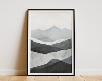 Abstracte berglandschap poster, minimalistische kunstprint, moderne wanddecoratie, boho decoratie.