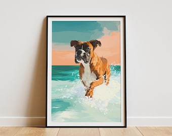 May include: Framed art print of a Boxer dog running through ocean waves. The dog is brown and white, with a black nose and ears. The background features a teal ocean and an orange and teal sky.