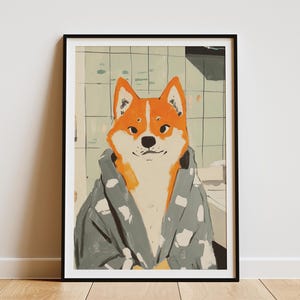 Shiba Inu Dog Bathrobe Art Print Funny Bathroom Poster Dog Lover Gift Animal Wall Art Modern Home Decor Playful Pet Portrait