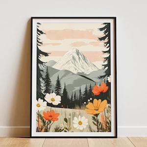 Mountain Peak Poster with Flowers Nature Art Print Botanical Illustration Modern Wall Decor Landscape Painting Home Decor Floral Print