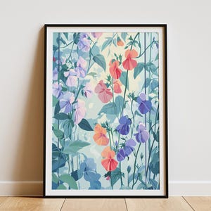 Erbse Blumen Botanischer Garten Spalier Poster Druck Sommer Blumen Kunst Wohnkultur Wandkunst Blau Rosa Blume Illustration