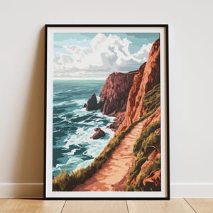Póster con vista al mar y sendero costero con acantilado, impresión de paisaje, arte de pared, decoración del hogar, paisaje natural moderno, obra de arte, regalo de vacaciones en la playa