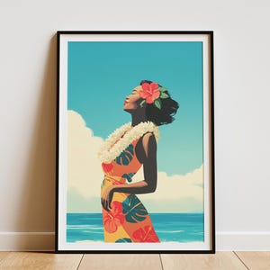 Hawaiian Woman Tropical Beach Art Print Vintage Hula Girl Poster with Lei Garland Island Decor Aloha Travel Wall Art Summer Home Decor