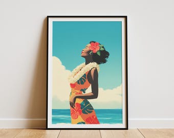 May include: A framed art print depicts a woman in a colorful dress with floral patterns, a lei, and a flower in her hair. The artwork is set against a backdrop of a blue sky, clouds, and ocean, evoking a tropical theme.