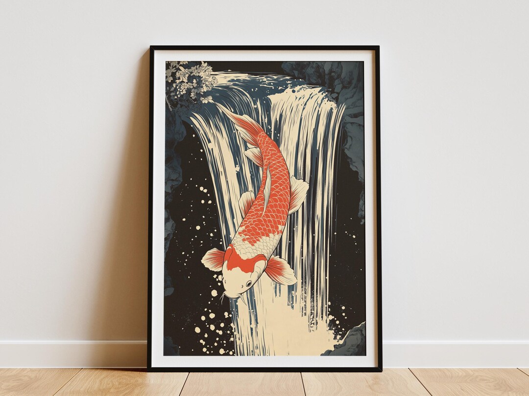 Koi Fish Poster Japanese Art Print Waterfall Art Print Asian Inspired ...