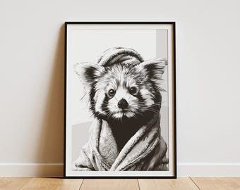 Chic Red Panda Bathrobe Animal Art Print Modern Black White Wildlife Poster Unique Bathroom Wall Decor Digital Downloadable Art