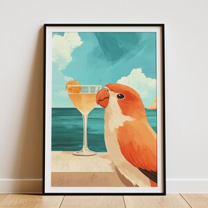Impresión de cóctel de pájaro naranja, póster de pájaro de playa de verano, arte de loro costero, decoración de pared de pájaro tropical, ilustración de pájaro naranja, lindo loro