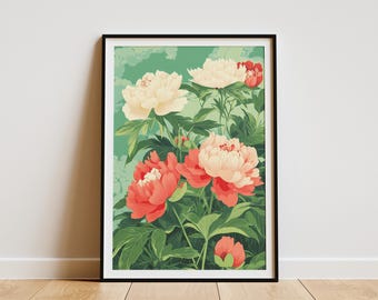 Impression florale de pivoine botanique, jardin d'été, affiche florale de pivoines roses et pêche, décoration murale florale minimaliste moderne, décoration d'intérieur, chambre à coucher
