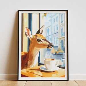 Póster de ciervo en cafetería, regalo para amantes de los animales, impresión artística de cafetería, decoración de pared caprichosa, ilustración peculiar, póster de papel de Cafe Society