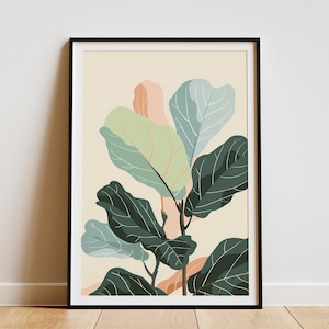 Pôster com ilustração de figueira-folha de violino, arte minimalista para impressão de plantas, decoração de parede estilo boho, folhas verdes, impressão botânica