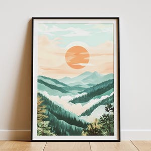 Nebliger Berg Sonnenaufgang Landschaft Poster Moderne Kunst Druck Natur Wand Dekor Goldene Stunde Wald Landschaft Abstrakte Landschaft Ruhige Natur Wand