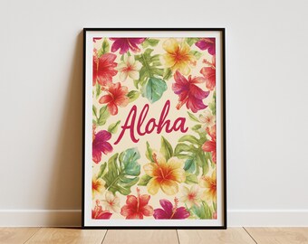 Aloha Hawaiian Flower Watercolor Art Print Tropical Floral Poster Wall Art Home Decor  Paper Print Botanical Art Modern Art Print