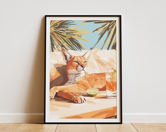Caracal Art Print: Big Floppa Retro Sunset Stripe Exotic Cat Wall