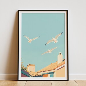 Póster con estampado de gaviota y tejados en colores pastel, arte de pared con aves costeras, decoración del hogar, casa de playa, animal marino de verano, regalo