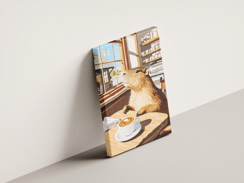 Stampa artistica del Capybara Cafe, poster accogliente da caffetteria, arte da parete ispirata a Matisse, regalo per amanti degli animali, decorazione stravagante per la casa, illustrazione del capibara immagine 3