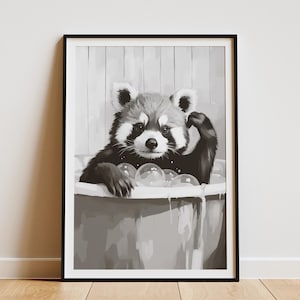 Póster de baño de burbujas con diseño de panda rojo, arte de pared con animales, decoración de baño, impresión artística de animales juguetones, arte caprichoso de panda rojo, regalo único