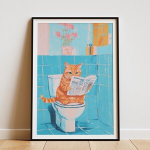 Gato atigrado naranja en el inodoro leyendo el periódico Impresión artística de pared para el baño Póster divertido de gato Regalo para amantes de las mascotas Decoración del hogar Ilustración caprichosa