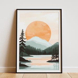 Póster de lago, impresión artística de lago de montaña, escena de naturaleza pacífica, paisaje minimalista moderno, bosque tranquilo, decoración de pared serena, póster de lago abstracto