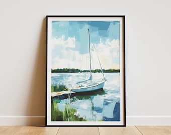 May include: An abstract painting of a sailboat docked on a pier. The artwork features a white sailboat with a tall mast, set against a backdrop of a blue sky and water. The painting is framed in a black frame.