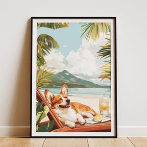 Póster de perro de verano con diseño de Corgi en la playa, adorable cachorro, arte costero, decoración tropical para el hogar, regalo para amantes de las mascotas
