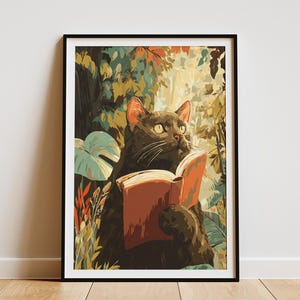 Whimsical Russian Blue Cat Reading Book in Enchanted Forest Art Print Unique Literary Feline Wall Decor for Cat Lovers Gift