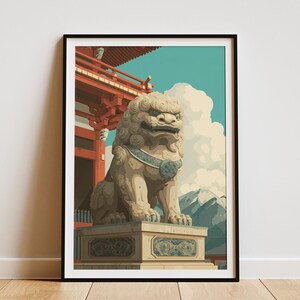Komainu Guardian Temple Gate Travel Poster Art Print Japanese Asian Foo Dog Statue Wall Art Vintage Style Cultural Landscape Decor