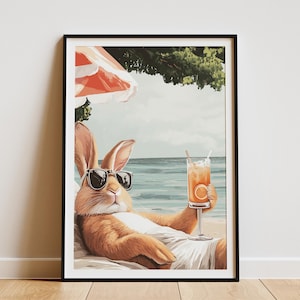 Póster de cóctel de conejo de playa de verano, impresión artística de lindo conejito, decoración de pared de animales costeros, conejo divertido con gafas de sol, decoración de vacaciones de verano en naranja