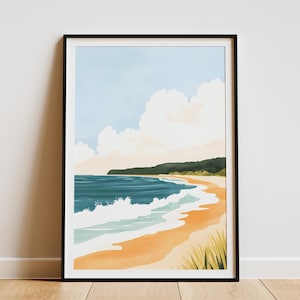 Impresión de arte de pared de playa, impresión costera, póster de océano, decoración de verano con mar en calma, decoración minimalista moderna para el hogar, arte azul y naranja