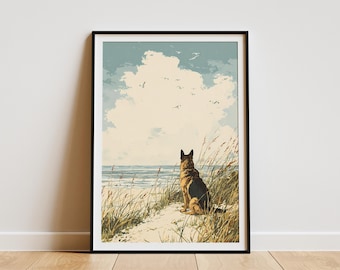 German Shepherd Dog Beach Ocean View Wall Art Print Serene Coastal Canine Artwork Minimalist Pet Lover Gift Seagull Sky Home Decor Poster