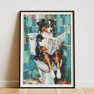 Australischer Schäferhund auf Toilette Lesen Zeitung Kunstdruck Badezimmer Dekor Hunde-Liebhaber Geschenk Neuheit Wandkunst Lustiger Hund Australier