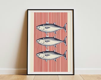Three Identical Tuna Stacked Vertically Vintage Style Fish Print Nautical Wall Art Ocean Decor Seafood Kitchen Art