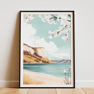 Póster de costa de acantilado de playa, paisaje de océano tranquilo, arte de pared, impresión moderna, paisaje marino minimalista, decoración del hogar, decoración costera