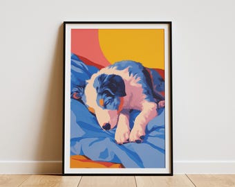 Adorable Australian Shepherd Puppy Dog Sleeping Art Print Cute Pet Lover Gift Modern Pop Art Style Dog Wall Decor Colorful Nursery Bedroom