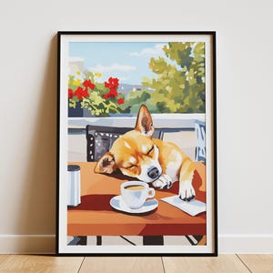 Póster de café de chihuahua, acogedor café, impresión artística, arte de pared de perro, estilo Matisse, arte moderno, decoración del hogar, regalo para amantes de las mascotas, póster de papel