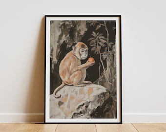 Aap kunst print dierlijke illustratie perzik fruit poster Aziatisch geïnspireerde muur decor jungle wilde dieren kunst tropische aap kunstwerken natuur Home