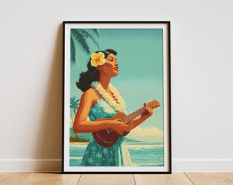 May include: A framed print of a woman playing a ukulele on a beach. She wears a flower in her hair, a lei, and a blue dress. Palm trees and the ocean are in the background, with a bright blue sky. The artwork has a vintage, tropical theme.