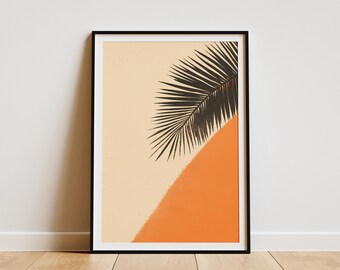 Palm Fronds Beach Art Print Orange and Beige Tropical Wall Decor Modern Abstract Summer Poster Coastal Home Decor Sand and Palm
