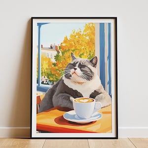 Britisch Kurzhaar Katze Cafe Kunstdruck Kaffee Liebhaber Geschenk Gemütliches Wohndekor Katze Poster Latte Art Tier Wand Kunst Herbst Szene