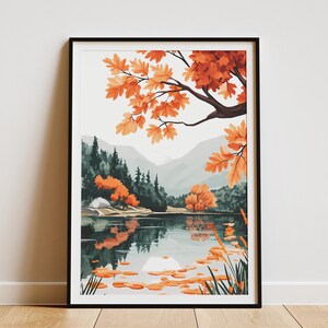 Póster de hojas de arce otoñal, lago, paisaje de montaña otoñal, impresión artística, árbol naranja, naturaleza, decoración de pared, escena de lago tranquilo, minimalista moderno