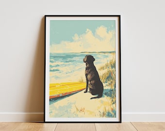 Black Labrador Retriever Dog Beach Ocean Art Print Yellow Surfboard Coastal Decor Summer Vacation Home Dog Lover Gift Modern Wall Art Surf
